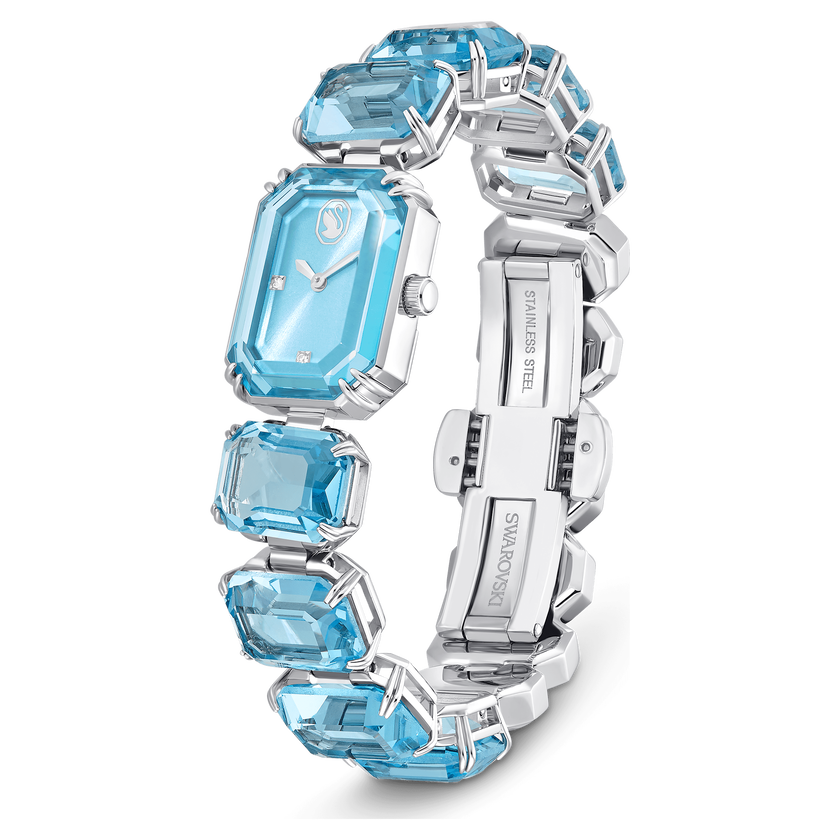 swarovski ساعة، سوار قطع مُثَمَّن، لون أزرق، ستانلس ستيل