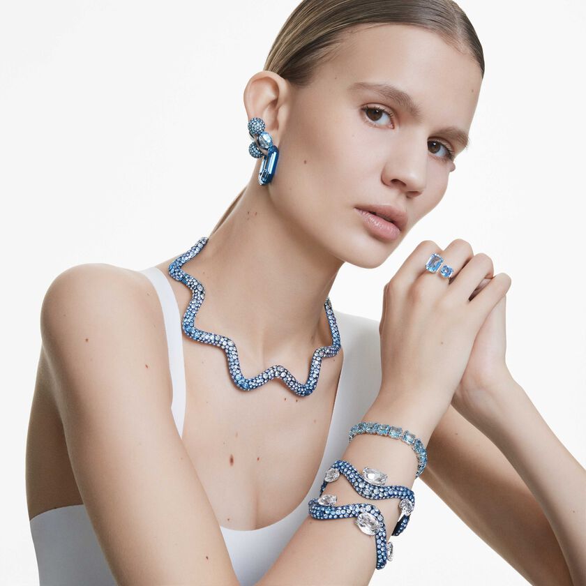 swarovski خاتم مفتوح millenia، قطع مُثَمَّن، لون أزرق، طلاء روديوم