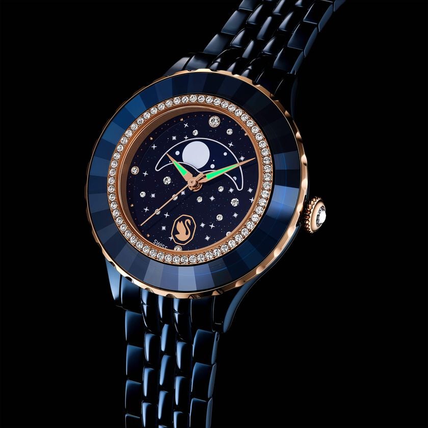 swarovski ساعة قمرية octea، سويسرية الصنع، سوار معدني، لون أزرق، لمسة نهائية باللون الأزرق