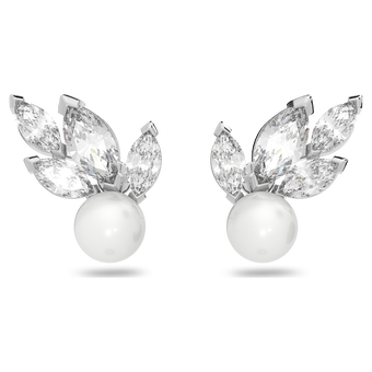 swarovski أقراط دبوسية louison مزينة بلؤلؤة، شكل ورقة شجر، لون أبيض، طلاء روديوم