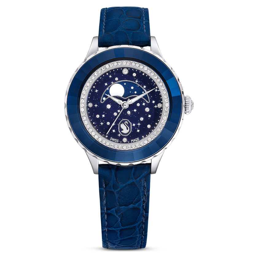 swarovski ساعة octea moon، صناعة سويسرية، شكل قمر، سوار جلد، لون أزرق، ستانلس ستيل