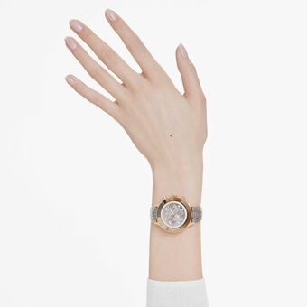 swarovski ساعة يد octea chrono، صناعة سويسرية، سوار جلد، لون رمادي، لمسة نهائية بلون ذهبي وردي