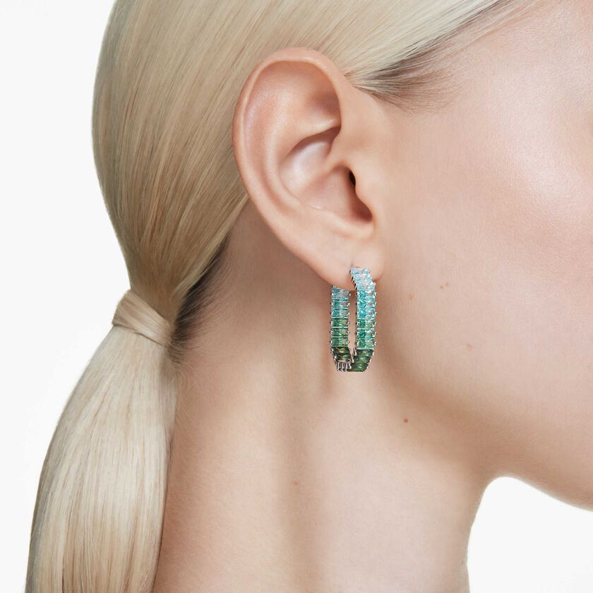 swarovski أقراط حلقية matrix، قطع باغيت، لون أخضر، طلاء روديوم