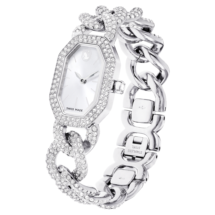 swarovski ساعة يد dextera chain، صناعة سويسرية، سوار كريستال، لون فضي، إستانلس ستيل