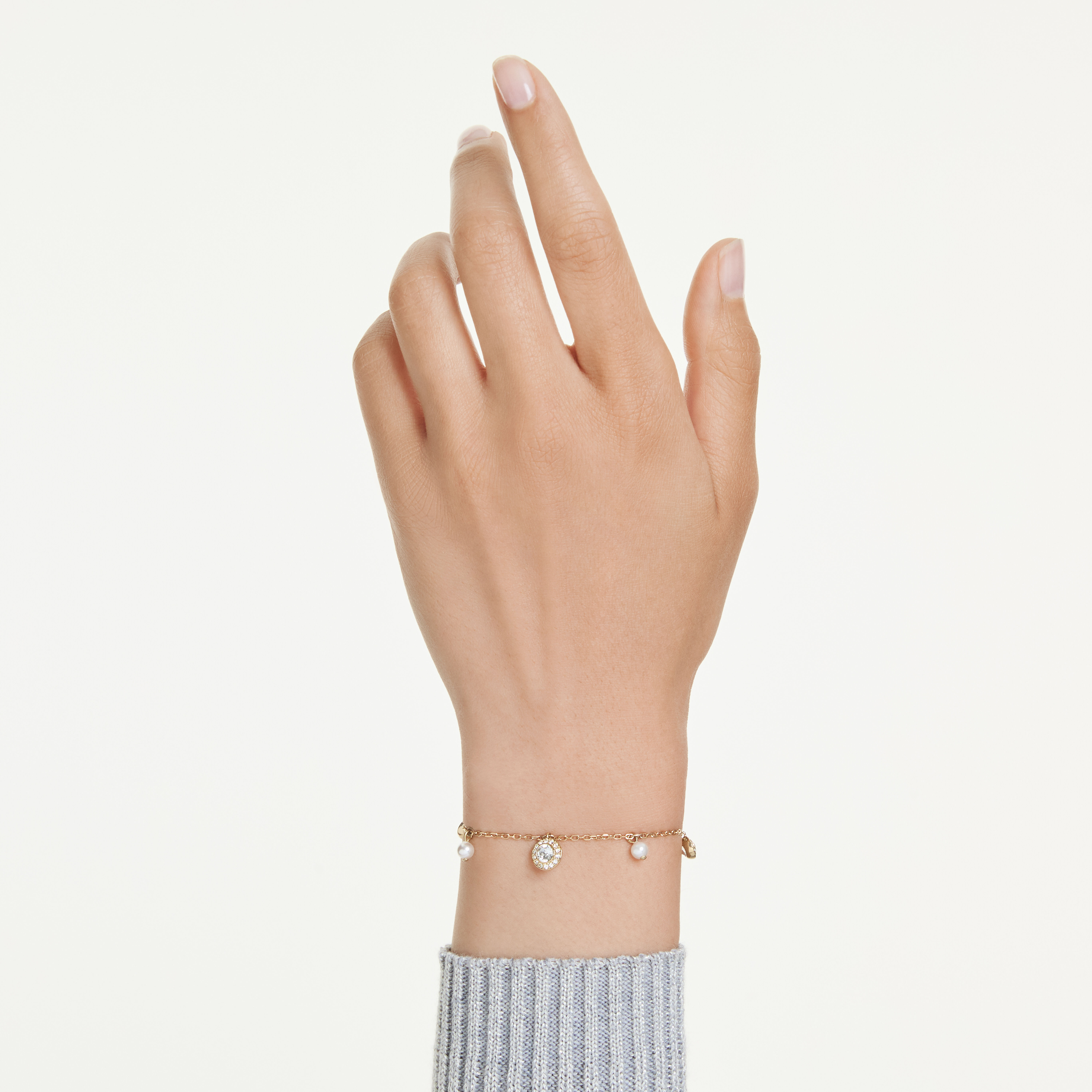 swarovski سلسلة una angelic، لآلئ كريستال، قطع مستدير، لون أبيض، طلاء باللون الذهبي