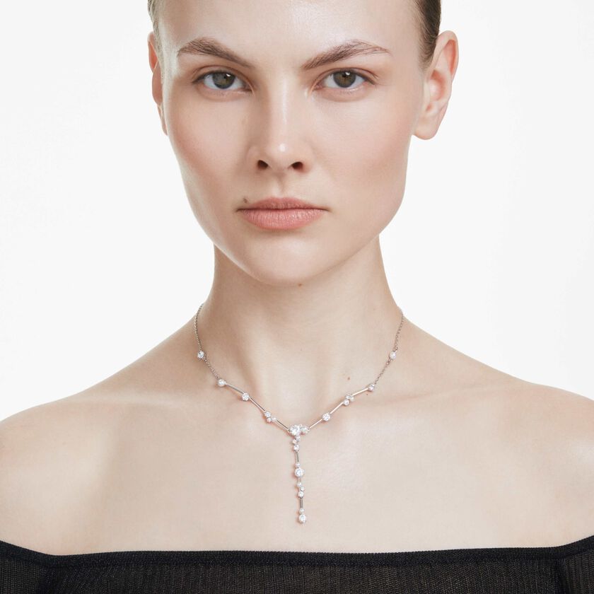 swarovski عقد constella على شكل حرف y، لآلي كريستال، قطع مستدير، لون أبيض، طلاء روديوم