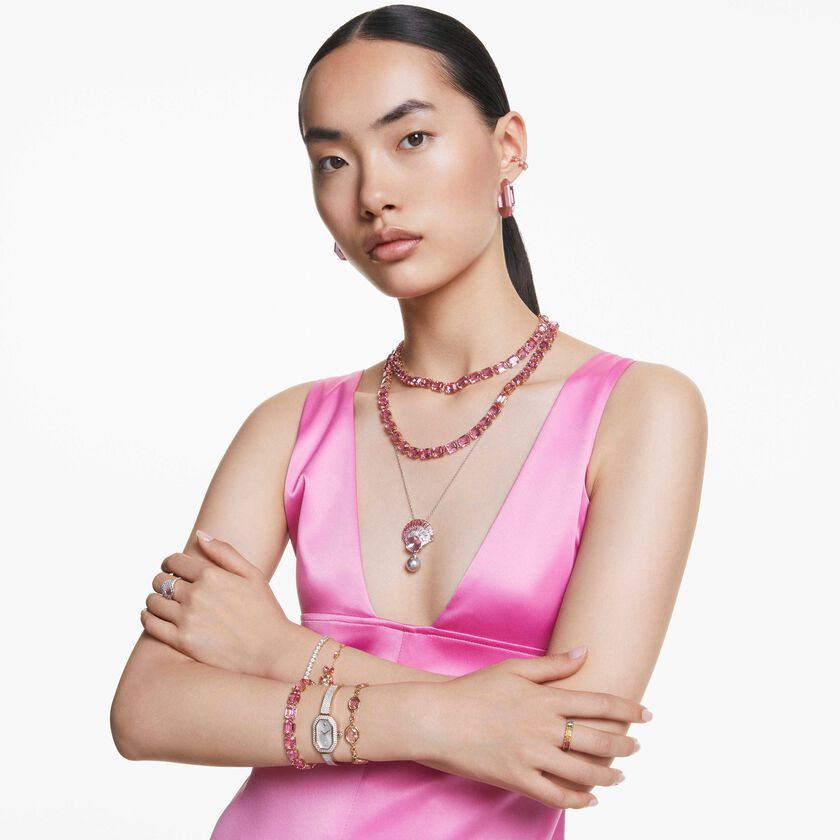 swarovski أقراط حلقية lucent، شكل مُثَمَّن، حجم صغير، لون وردي