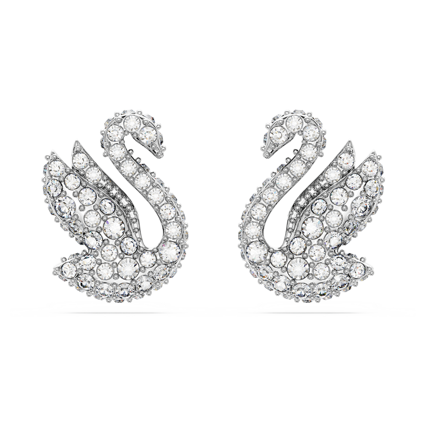 swarovski أقراط دبوسية swan، على شكل بجعة، لون أبيض، طلاء روديوم