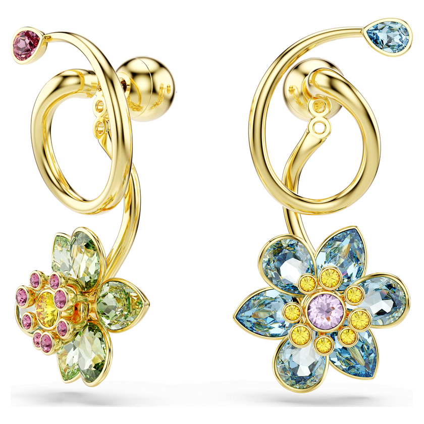 swarovski أقراط متدلية idyllia، تصميم غير متماثل، قطع متنوع، شكل زهرة، ألوان متعددة، طلاء باللون الذهبي