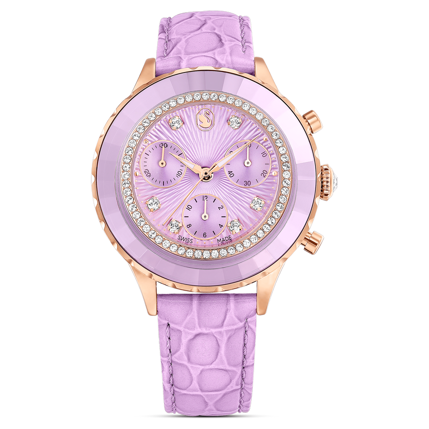 swarovski ساعة يد octea chrono، صناعة سويسرية، سوار جلد، لون أرجواني، لمسة نهائية باللون الذهبي الوردي