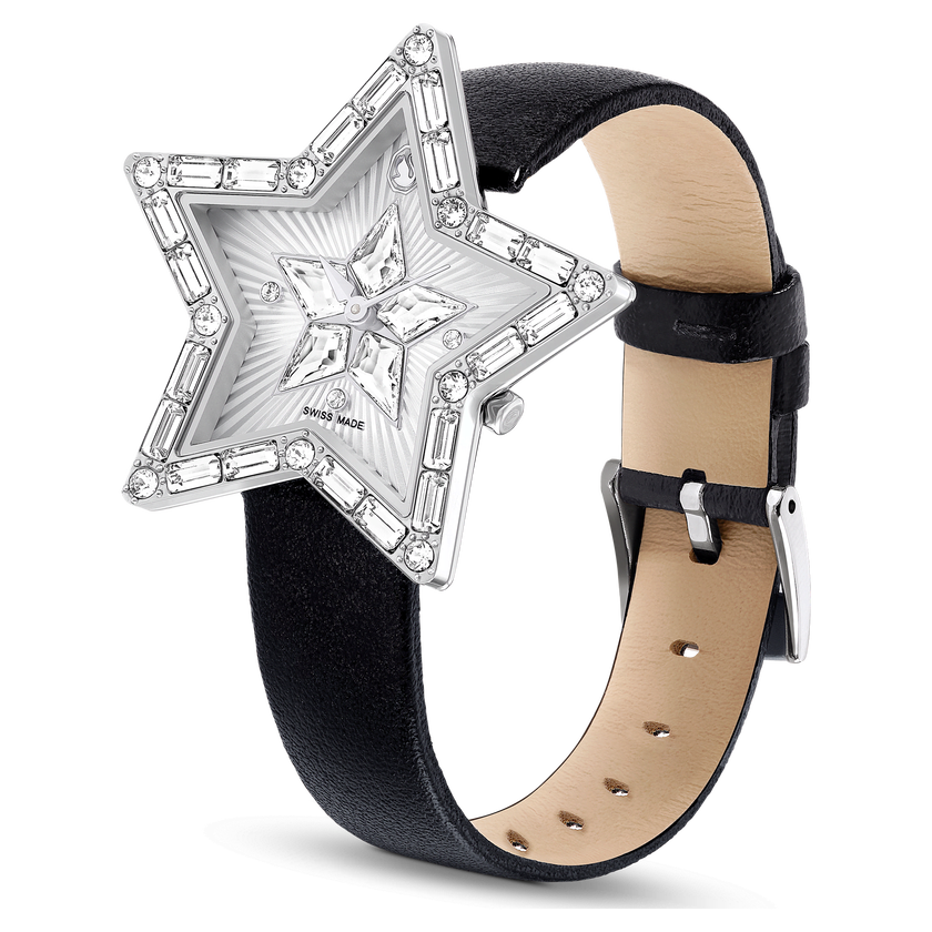 swarovski ساعة يد symbolica star، صناعة سويسرية، شكل نجمة، سوار جلد، لون أبيض، ستانلس ستيل