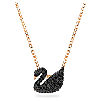 swarovski قلادة swan، شكل بجعة، حجم صغير، لون أسود، لمسة نهائية من الذهب الوردي عيار 18 قيراط