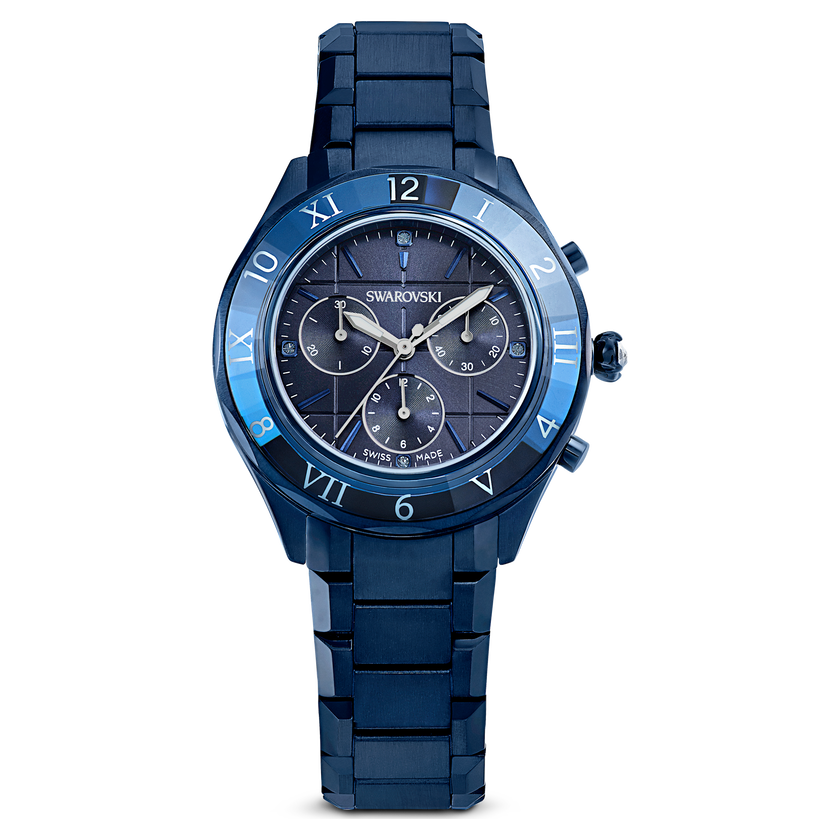 swarovski ساعة كرونوغراف dextera، قطر 39 ملم، صناعة سويسرية، سوار معدني، لون أزرق، لمسة نهائية باللون الأزرق