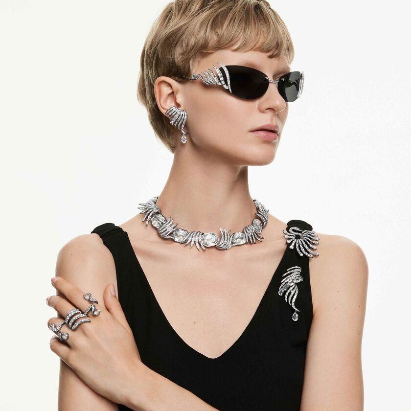 swarovski نظارة شمسية، على شكل عين القطة، حلية على شكل بجعة، لون فضي