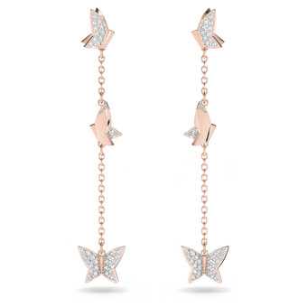 swarovski أقراط متدلية lilia، مزينة بفراشة، طويلة، لون أبيض، طلاء ذهبي وردي