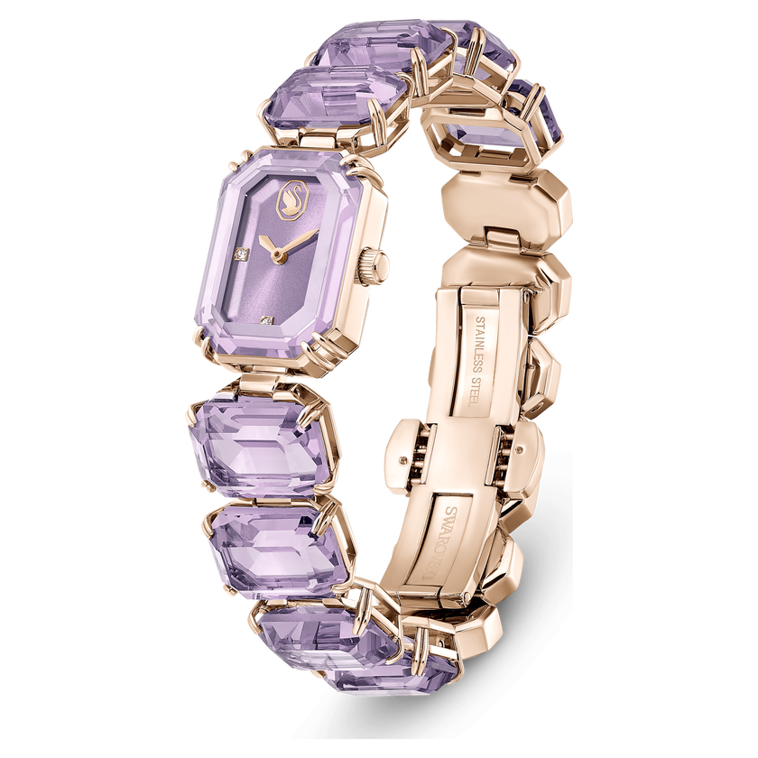 swarovski ساعة، سوار بقطع مثمن، لون أرجواني، لمسة نهائية بلون ذهبي شامبين