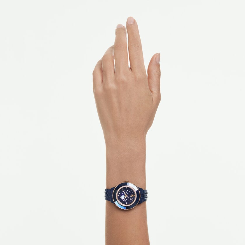 swarovski ساعة قمرية octea، سويسرية الصنع، سوار معدني، لون أزرق، لمسة نهائية باللون الأزرق