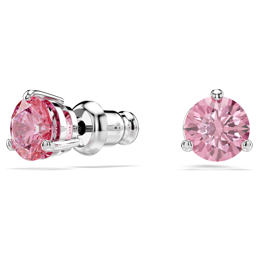 swarovski أقراط دبوسية solitaire، قطع مُستدير، لون وردي، طلاء روديوم