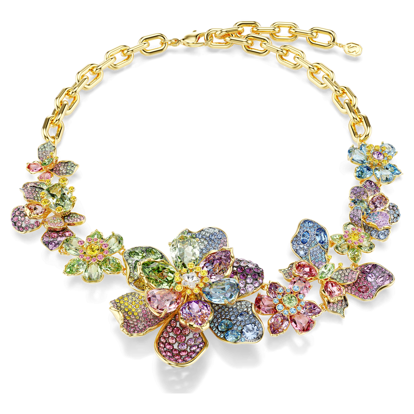 swarovski عقد idyllia، قطع متنوع، كريستالات مُتراصَّة، شكل زهرة، ألوان متعددة، طلاء باللون الذهبي