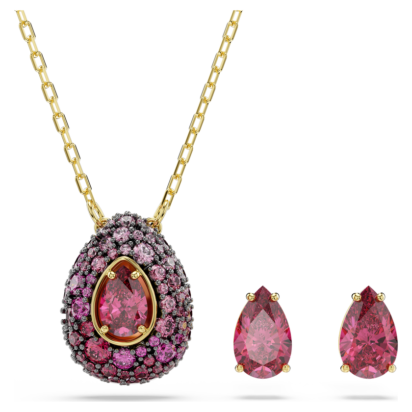 swarovski طقم sublima، طقم  2 ، قطع كمثري، لون أحمر، لمسة نهائية من الذهب عيار 18 قيراط