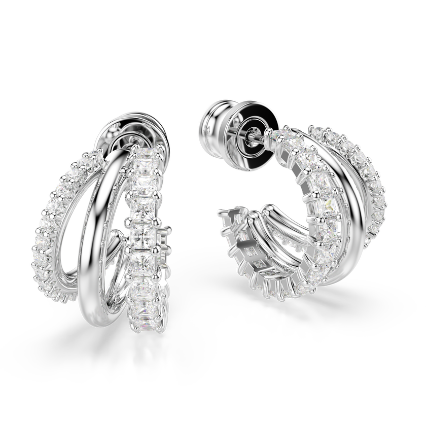 swarovski أقراط حلقية hyperbola، قطع مستدير، حجم صغير، لون أبيض، طلاء روديوم