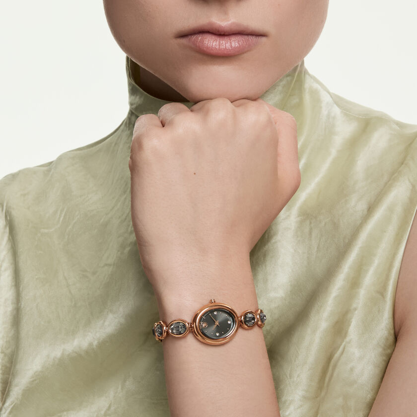 swarovski ساعة بيضاوية imber، سويسرية الصنع، سوار معدني، لون أسود، لمسة نهائية باللون الذهبي الوردي