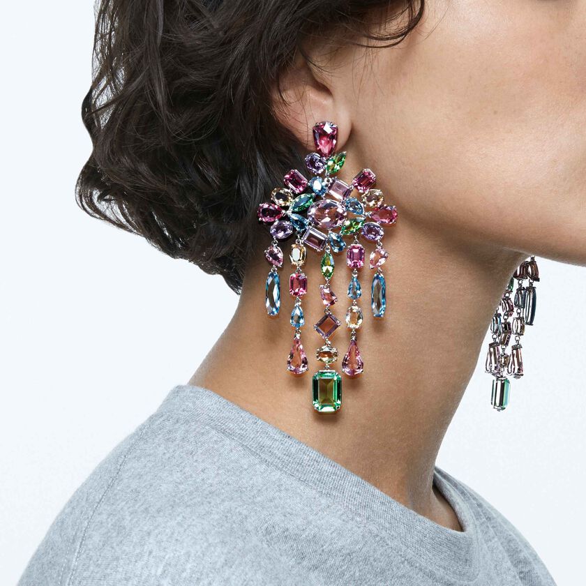 swarovski أقراط gema مشبك، على شكل ثريا، متعددة الألوان، طلاء روديوم