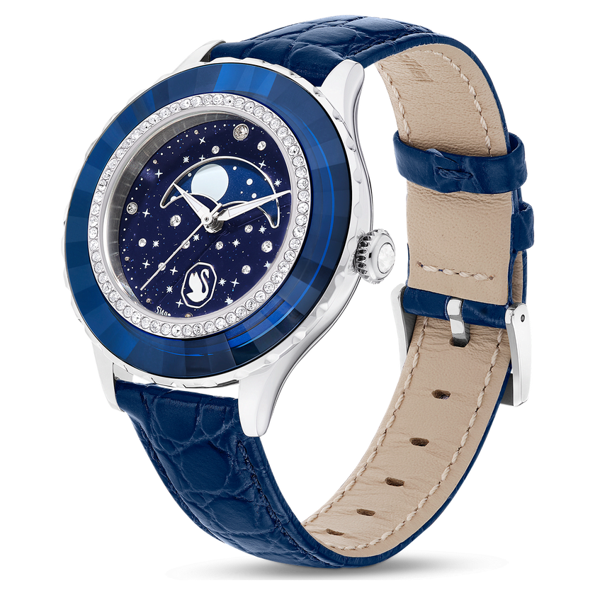 swarovski ساعة octea moon، صناعة سويسرية، شكل قمر، سوار جلد، لون أزرق، ستانلس ستيل