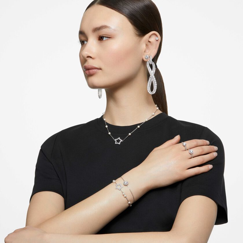 swarovski أقراط دبوسية stilla، قطع مستدير، لون أبيض، طلاء روديوم