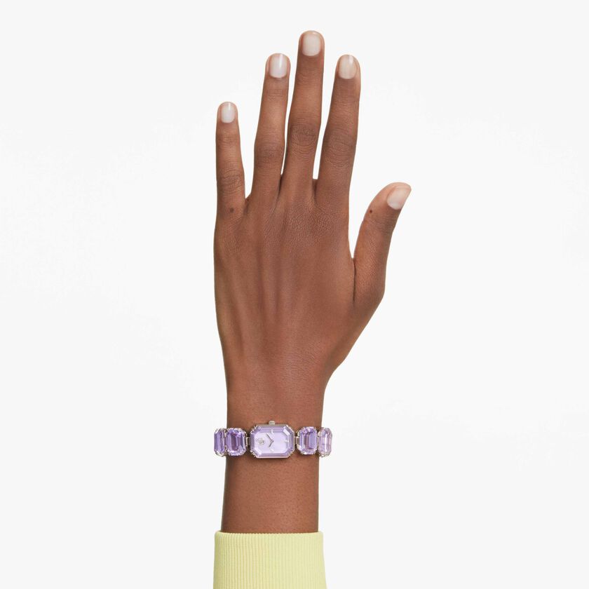 swarovski ساعة، سوار بقطع مثمن، لون أرجواني، لمسة نهائية بلون ذهبي شامبين