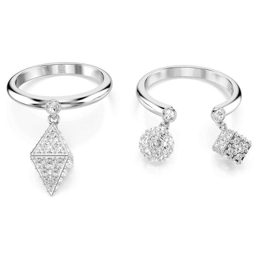 swarovski خاتم dextera، طقم  2 قطعة ، كرة ومكعب، لون أبيض، طلاء روديوم