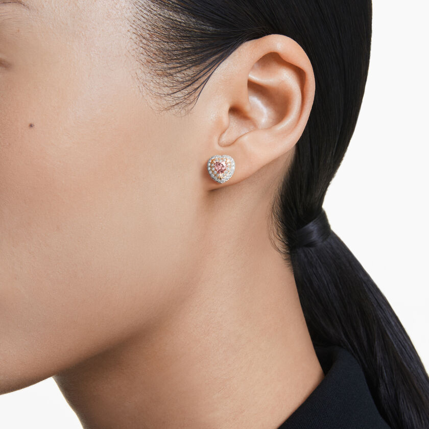 swarovski أقراط دبوسية one، قطع على شكل قلب، أحجار كريستال صغيرة متراصة، شكل قلب، لون وردي، لمسة نهائية من معادن مختلطة