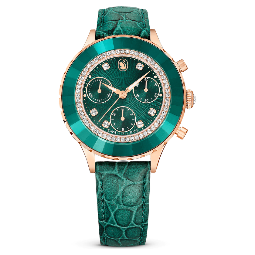 swarovski ساعة يد octea chrono، صناعة سويسرية، سوار جلد، لون أخضر، لمسة نهائية بلون ذهبي وردي