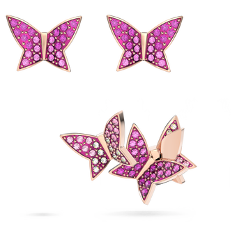 swarovski طقم lilia، مزين بفراشة، لون وردي، طلاء ذهبي وردي