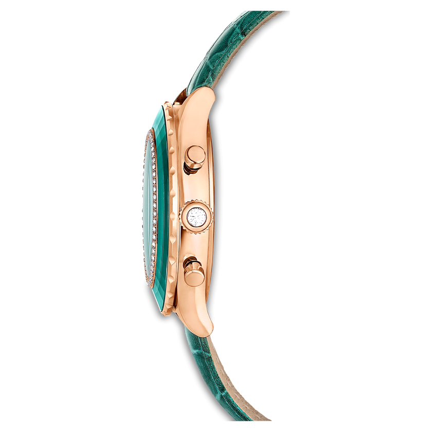 swarovski ساعة يد octea chrono، صناعة سويسرية، سوار جلد، لون أخضر، لمسة نهائية بلون ذهبي وردي