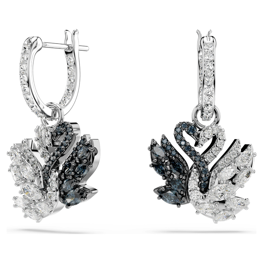 swarovski أقراط متدلية swan، شكل بجعة، لون أسود، طلاء روديوم