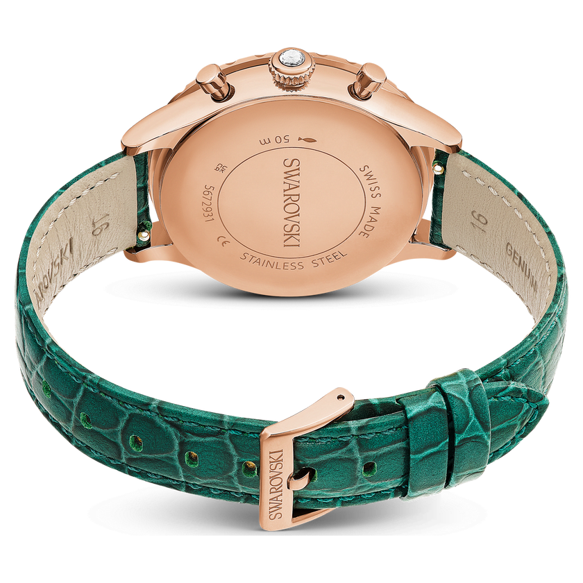 swarovski ساعة يد octea chrono، صناعة سويسرية، سوار جلد، لون أخضر، لمسة نهائية بلون ذهبي وردي