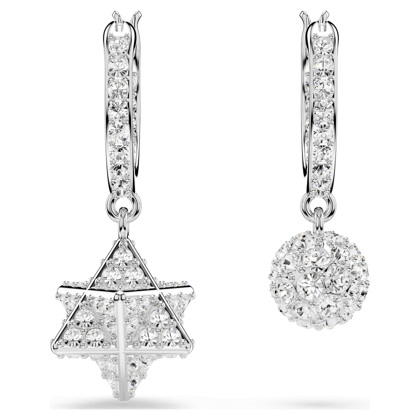 swarovski أقراط متدلية dextera، تصميم غير متماثل، قطع مستدير، نجمة وكرة، لون أبيض، طلاء روديوم