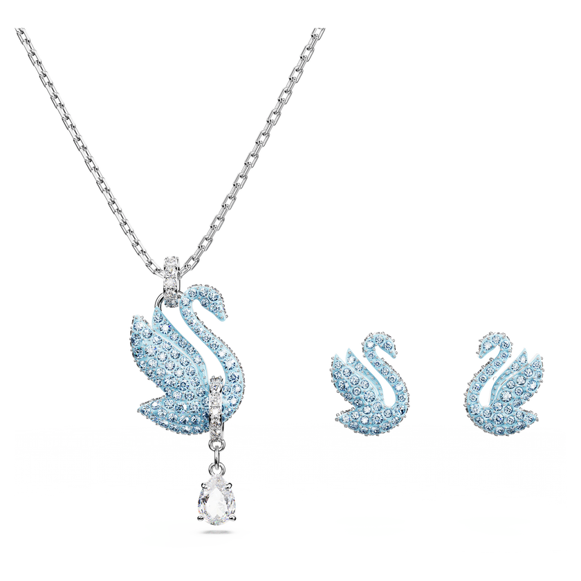 swarovski طقم swan، على شكل بجعة، لون أزرق، طلاء روديوم