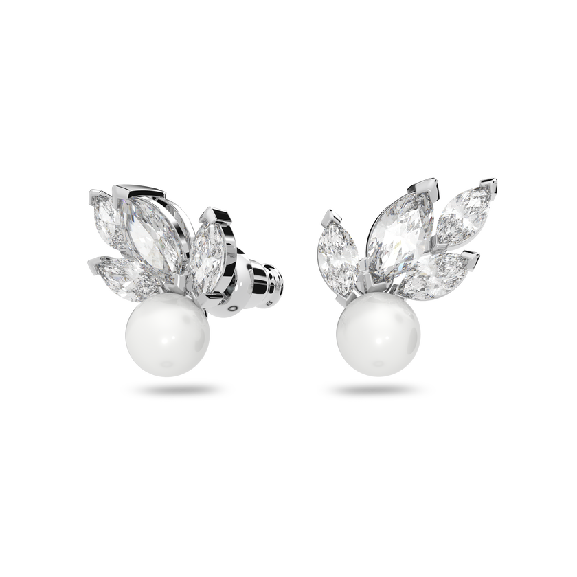 swarovski أقراط دبوسية louison مزينة بلؤلؤة، على شكل ورقة شجر، لون أبيض، طلاء روديوم