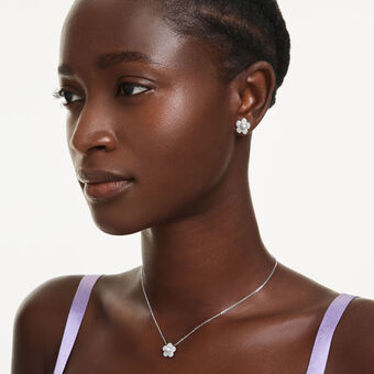 طقم ariana grande x swarovski، لآلئ كريستال، قطع مستدير، شكل زهرة، لون أبيض، طلاء روديوم