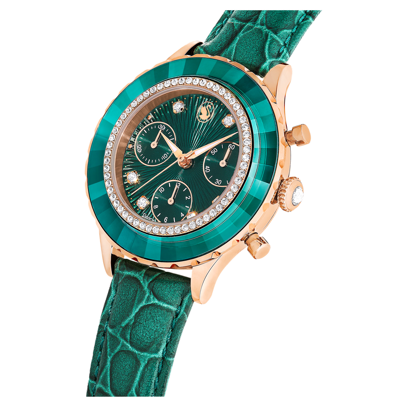 swarovski ساعة يد octea chrono، صناعة سويسرية، سوار جلد، لون أخضر، لمسة نهائية بلون ذهبي وردي