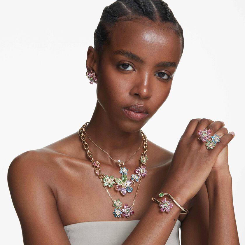 swarovski قلادة idyllia، قطع متنوع، شكل زهرة، لون أزرق، طلاء باللون الذهبي
