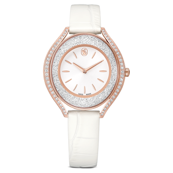 swarovski ساعة crystalline aura، صناعة سويسرية، سوار جلد، لون أبيض، لمسة نهائية باللون الذهبي الوردي