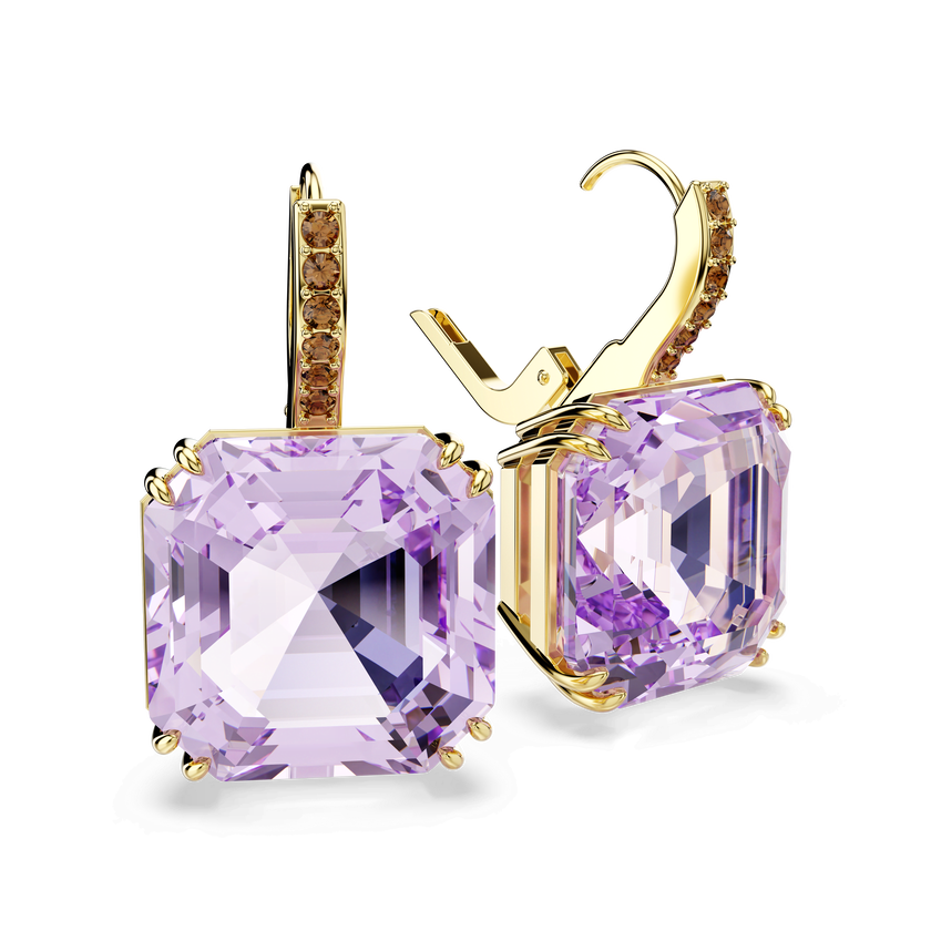 swarovski أقراط متدلية millenia، قطع مربع، لون أرجواني، لمسة نهائية من الذهب عيار 18 قيراط