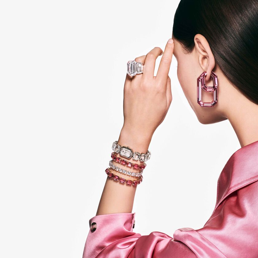 swarovski ساعة millenia، سوار بكريستالات مثمنة، لون أبيض، ستانلس ستيل