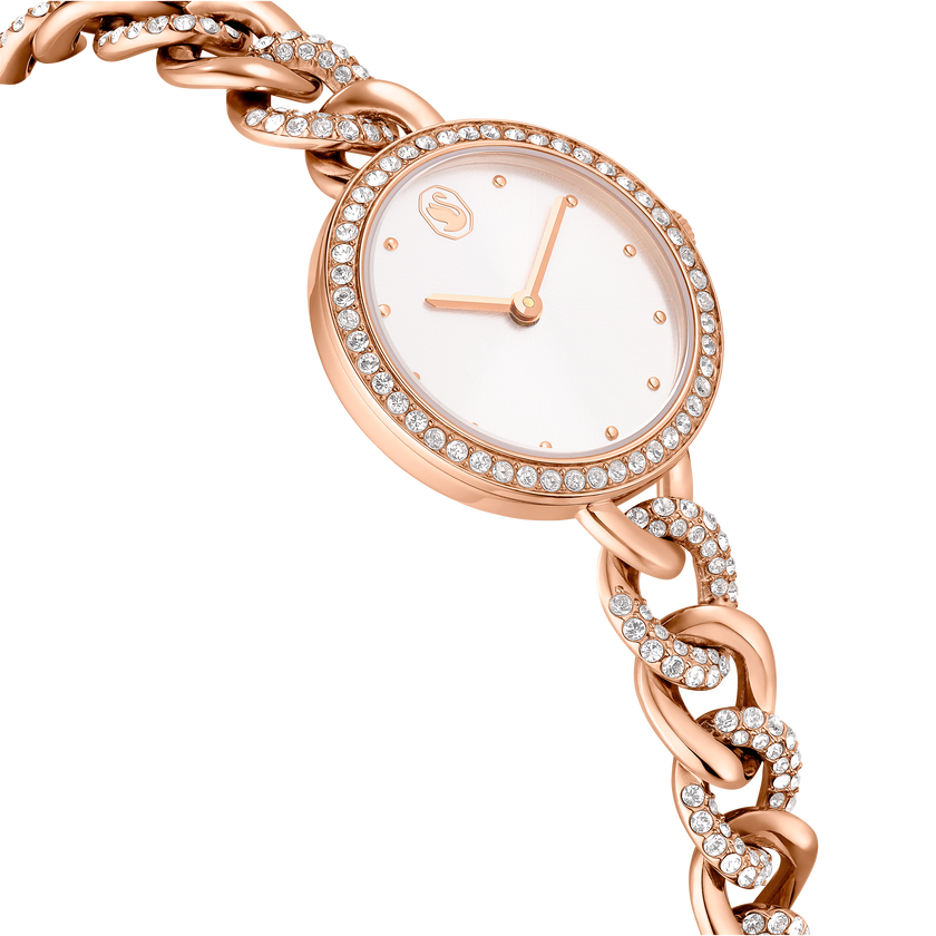 swarovski ساعة مستديرة cocktail، سوار معدني، لون ذهبي، لمسة نهائية باللون الذهبي الوردي