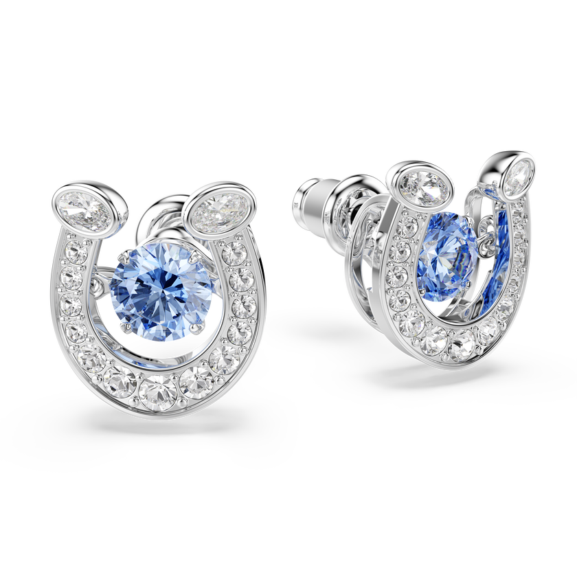 swarovski أقراط دبوسية symbolica، قطع مستدير، أحجار كريستال صغيرة متراصة، شكل حدوة حصان، لون أزرق، طلاء روديوم