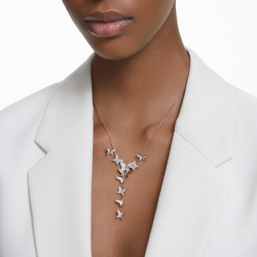 swarovski عقد lilia على شكل حرف y، مزين بفراشة، لون أبيض، طلاء ذهبي وردي