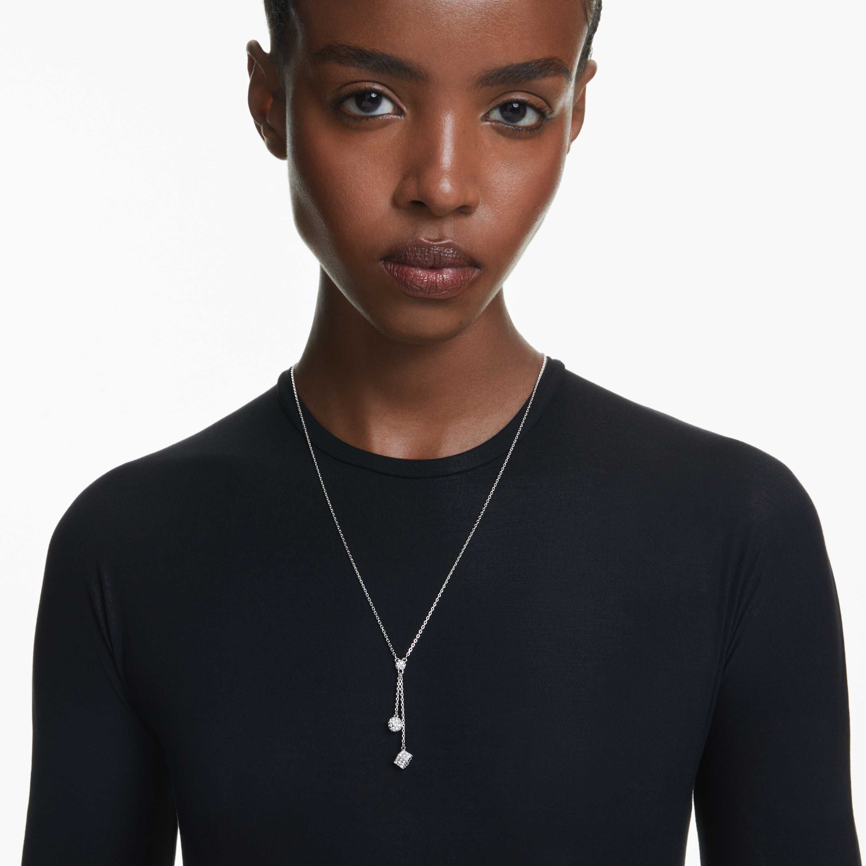 swarovski عقد dextera على شكل حرف y، قطع مستدير، كرة ومكعب، لون أبيض، طلاء روديوم